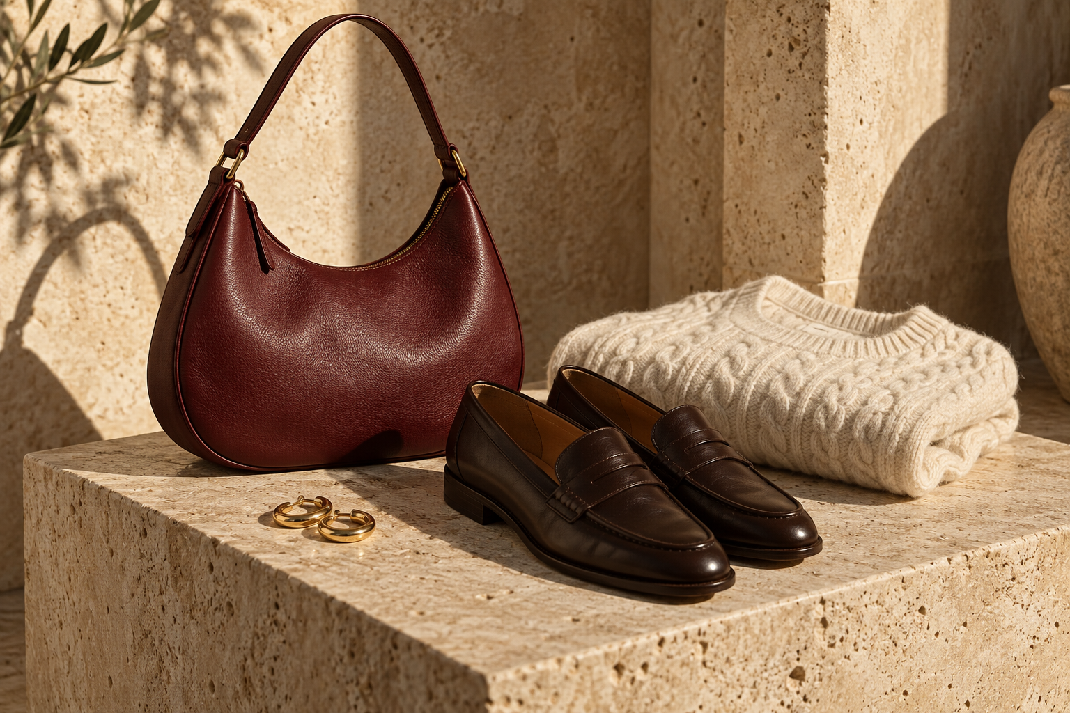 Tactile leather and knitwear with simple gold accents